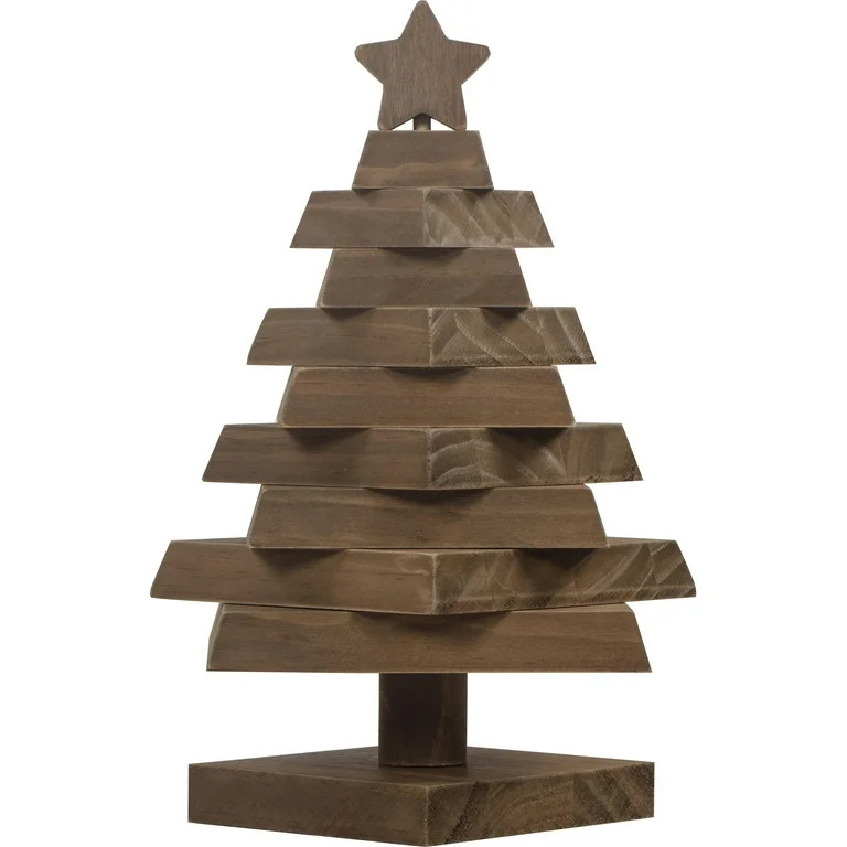 Holiday Time Wide Stacked Wood Christmas Tree Dimensional Christmas Tabletop Decoration | Walmart (US)