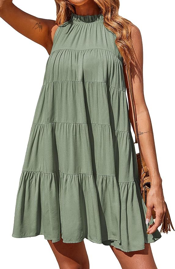 Okiwam Women's Summer Casual Sleeveless Halter Dress Ruffle Tiered Flowy Short Dress Loose Swing ... | Amazon (US)