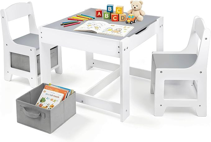 Pterying Wood Toddler Table and Chair Set, Kids Activity Desk, White Gray | Amazon (US)