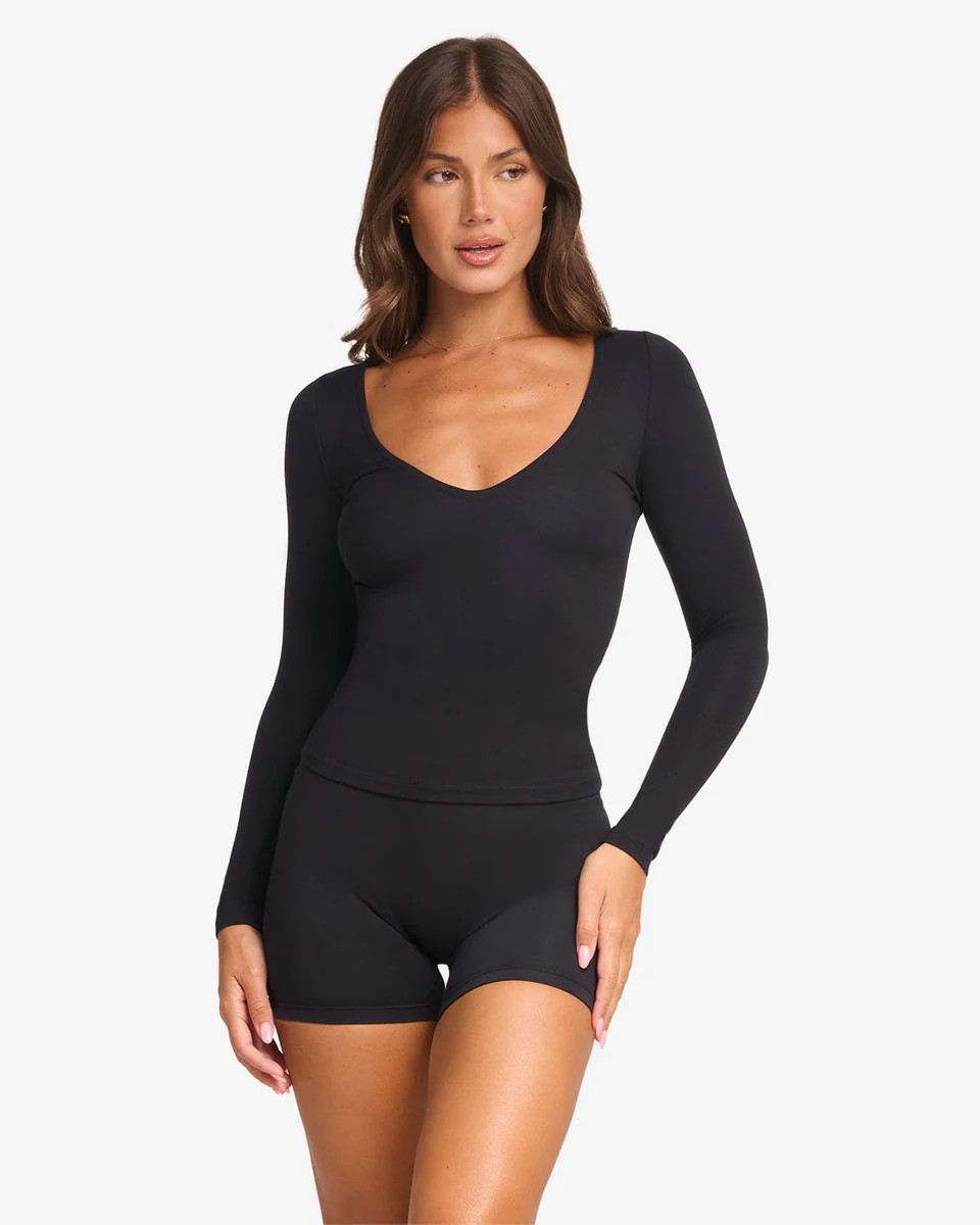 V Neck Long Sleeve Top | Black | Crop Shop Boutique AU