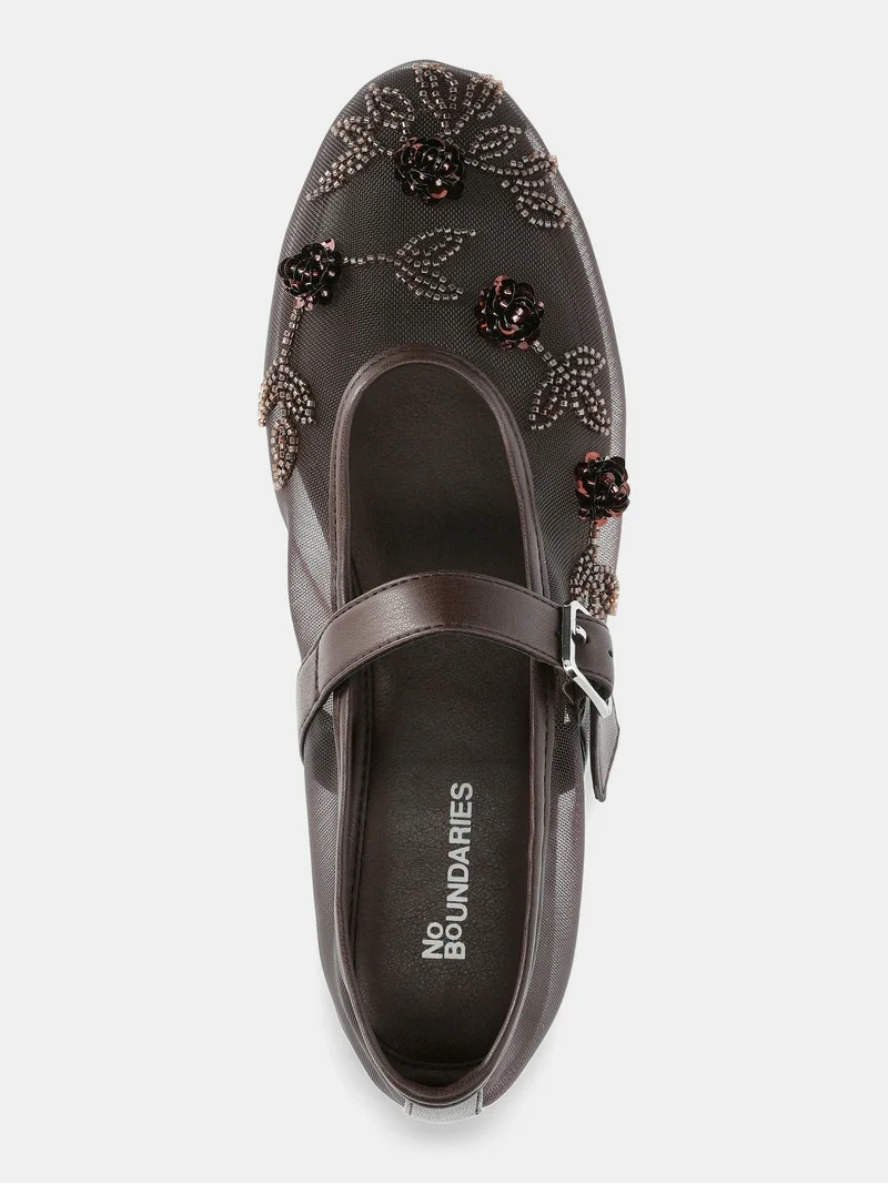 No Boundaries Beaded Mesh Mary Jane Flats, Women's | Walmart (US)