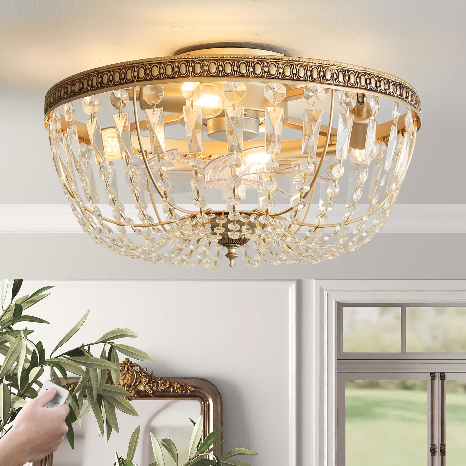 Crystal Caged Ceiling Fan with Light Flush Mount, 20inch Crystal Ceiling Fan with Light and Remot... | Amazon (US)