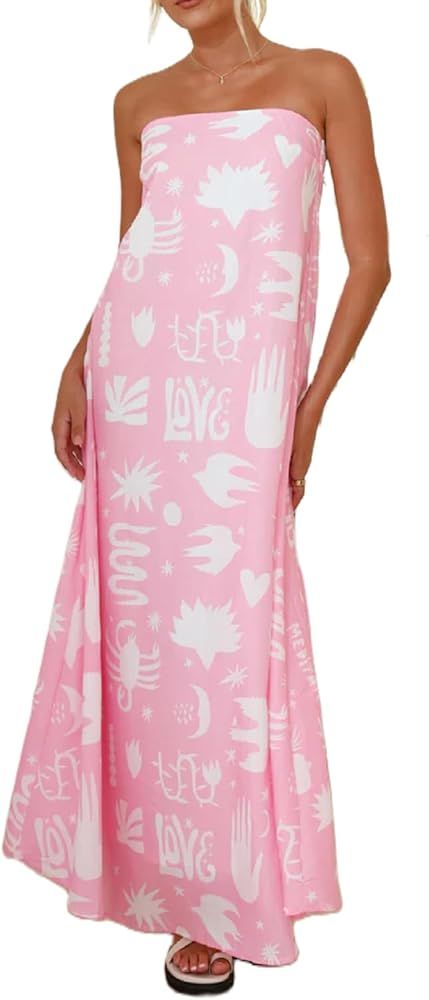 Women Y2k Graphic Maxi Tube Dress Off Shoulder Strapless Long Dress Open Back Flowy Dresses Holid... | Amazon (US)