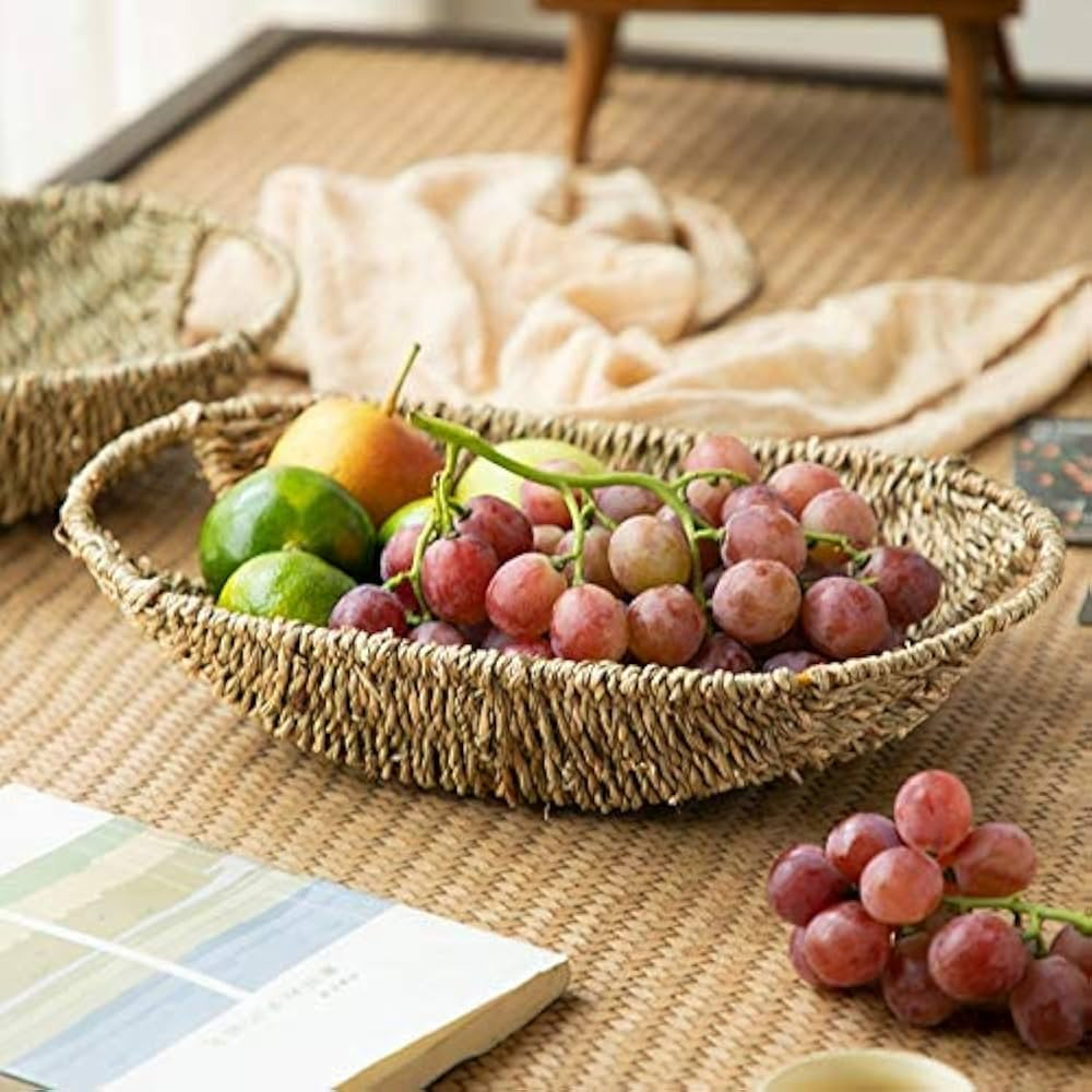 Natural Rattan Fruit Basket,Handwoven Seagrass Storage Basket,Vintage Farmhouse Serving Tray with... | Amazon (US)