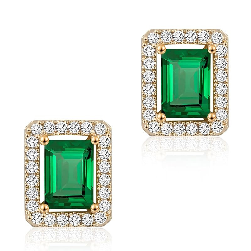 Gold Rectangular Zircon Emerald Studs Earrings for Women Gemstone Earrings Cubic Zirconia Birthst... | Amazon (US)