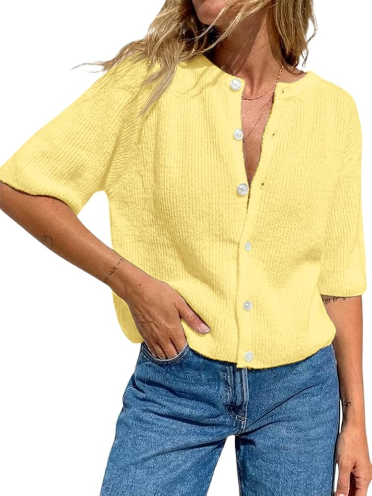 Fisoew Womens Short Sleeve Cropped Cardigan Sweaters Button Down Lightweight Knit Blouse Tops Cas... | Amazon (US)