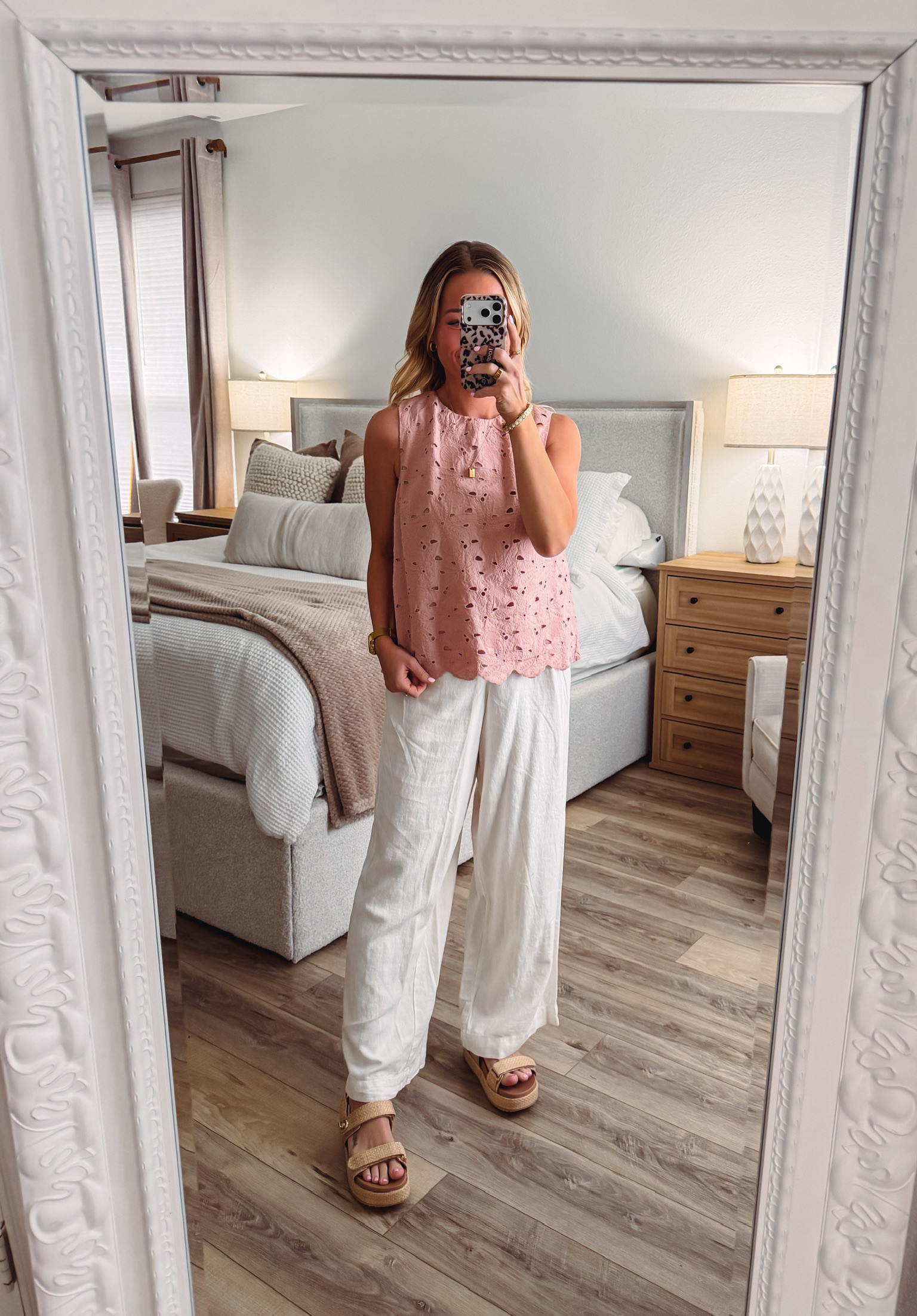 This pink eyelet tank with linen pants and sandals is perfect for spring! The eyelet details are so feminine and delicate, and linen pants are ideal for warmer weather. Love how breezy and comfortable this combination feels. Such a pretty, effortless look for brunch or casual days out! 

 #EyeletTank #LinenPants #SpringStyle #PinkTop #CasualChic #LTKStyleTip #LTKMothersDay #LTKootd #LTKmomlife