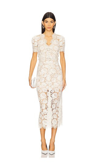 Cream Fine Lace Pearl Midi Dress in Cream | Revolve Clothing (Global)