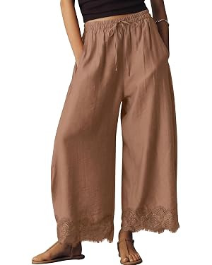 EXLURA Women Cotton Lace Trim Wide Leg Pants Summer Casual Cropped Drawstring Elastic Waist Light... | Amazon (US)