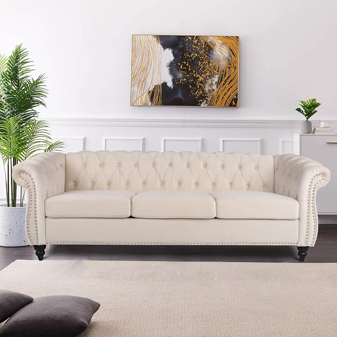 LEVNARY Velvet Chesterfield Sofa, Classic Tufted Upholstered Couch, Modern 3 Seater Couch Long Se... | Amazon (US)