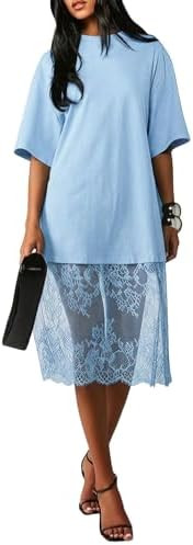 Verdusa Women's Lace Tshirt Dress Patchwork Oversized Midi Dresses | Amazon (US)