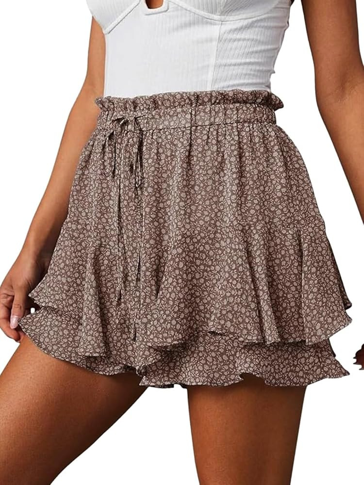 Flowy Ruffle Shorts for Women Boho Cute Floral Skorts Mini Casual Running Tennis Butterfly Chiffon Short Skirts Summer Trendy | Amazon (US)