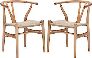 Poly and Bark Weave Modern Wooden Mid-Century Dining Chair, Hemp Seat, Natural (Set of 2) | Amazon (US)