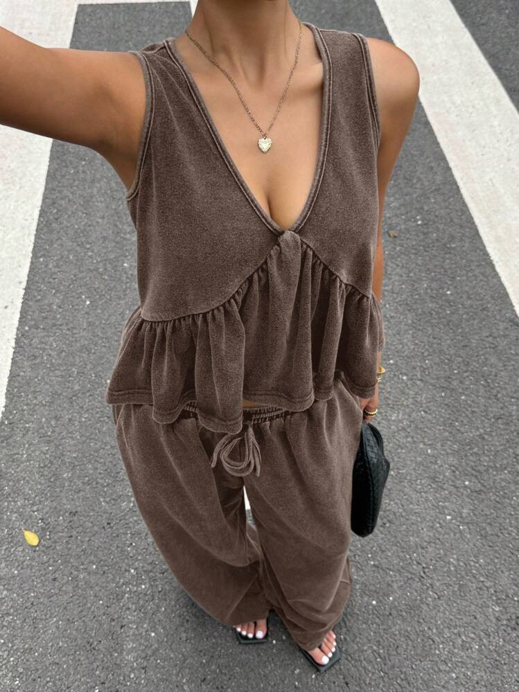 SHEIN EZwear Plain Brown Two-Piece Outfit With V-Neck Top And Comfortable Wide-Leg Pants For Ever... | SHEIN