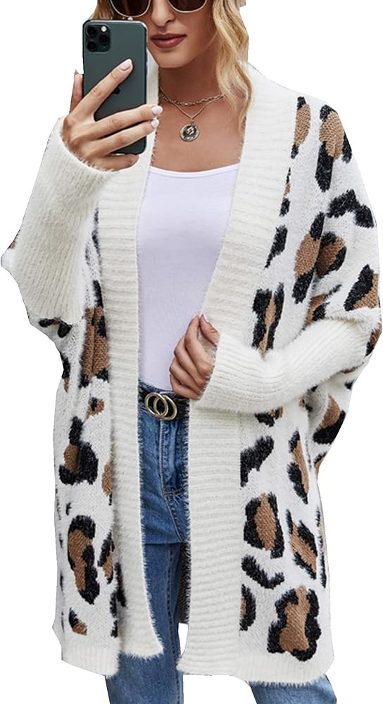 Angashion Women's Long Sleeves Leopard Print Knitting Cardigan Open Front Warm Sweater Outwear Co... | Amazon (US)