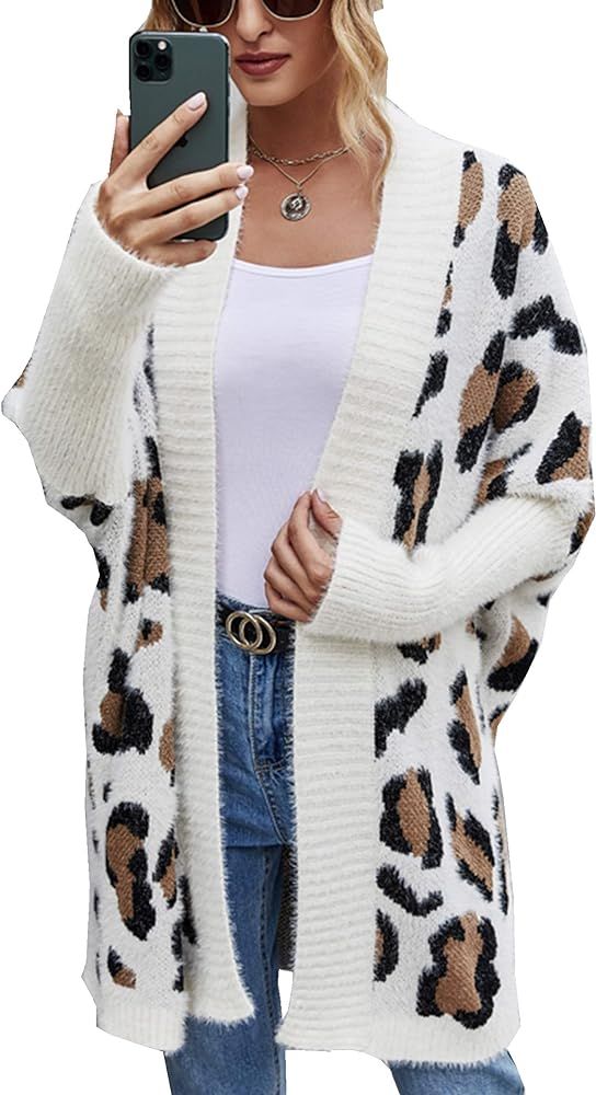 Angashion Women's Long Sleeves Leopard Print Knitting Cardigan Open Front Warm Sweater Outwear Co... | Amazon (US)