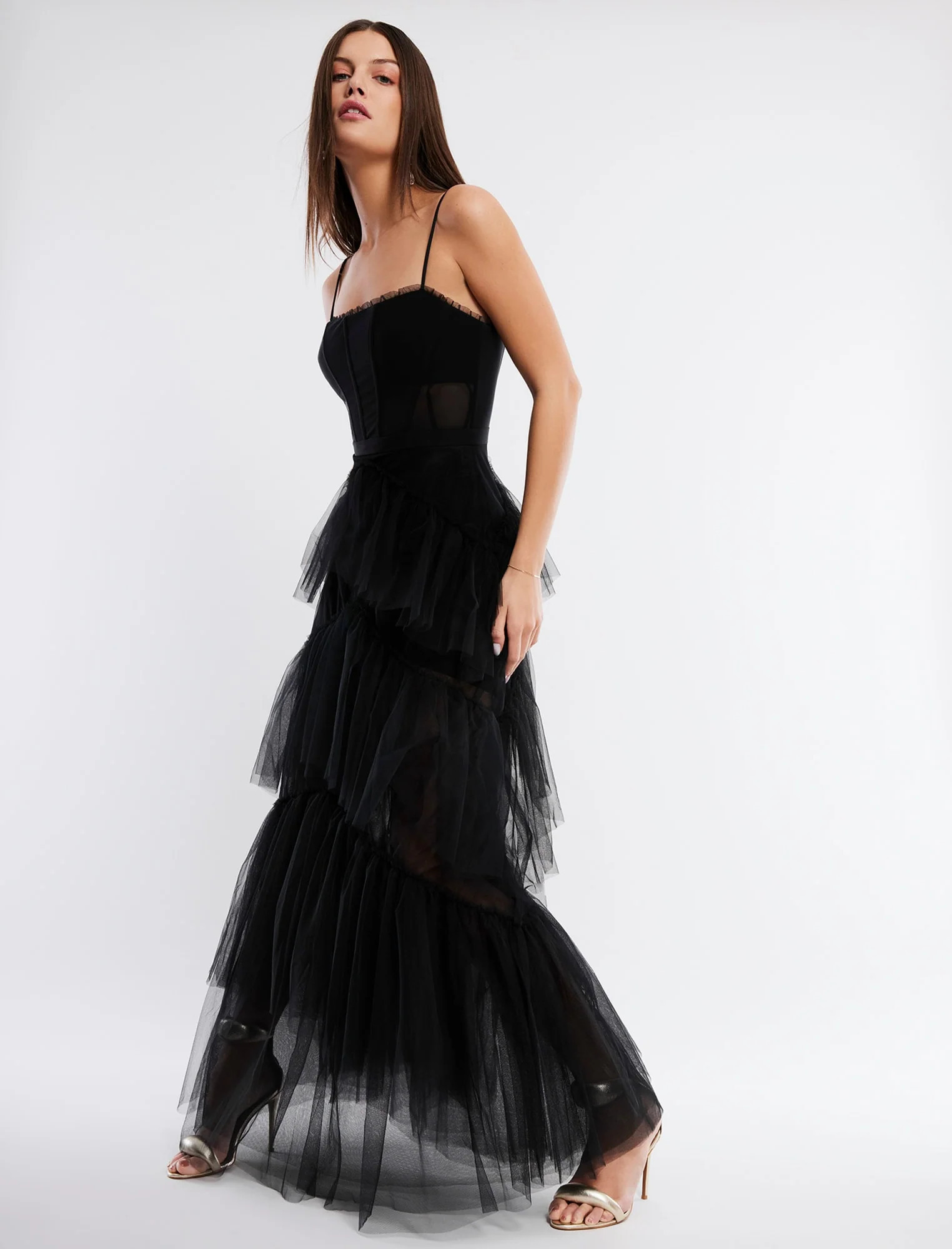 Black Oly Tiered Ruffle Tulle Gown | Dresses | BCBGMAXAZRIA | BCBG Max Azria 