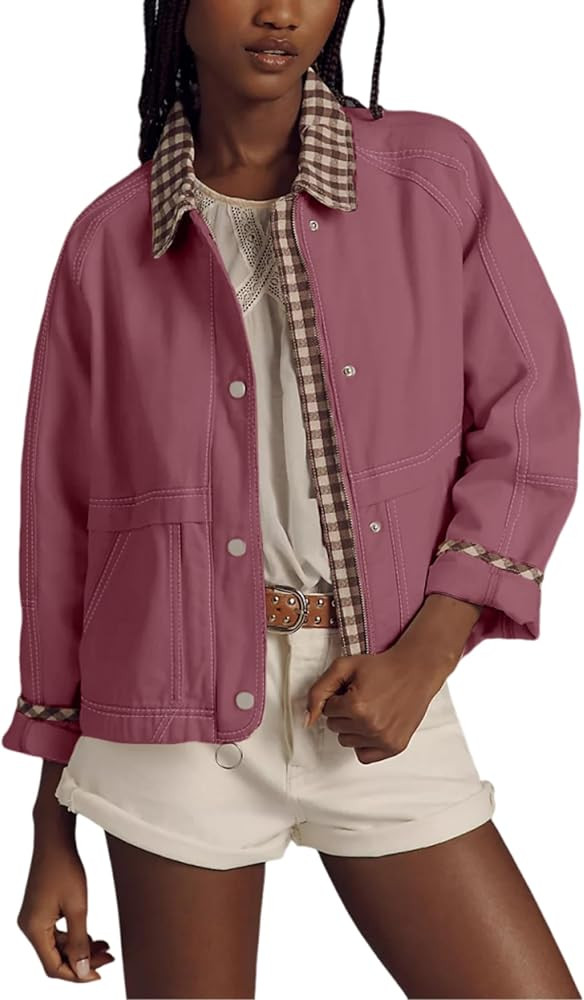 Aimiray Women's Oversized Plaid Jacket Lapel Button Down Casual Shacket Coats with Side Pockets | Amazon (US)