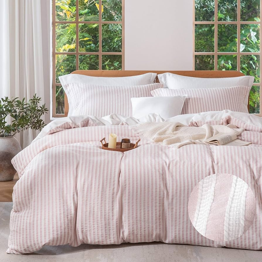 MILDLY Jacquard Striped Duvet Cover Set 3pcs Dual Zipper Pink Queen | Amazon (US)