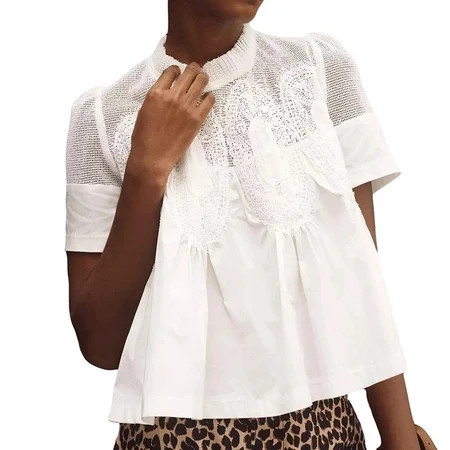 Women'S Lace-Detail Flared Blouse Short-Sleeve Crew Neck Flowy Mesh Swing Top Casual Dressy Shirt White S | Walmart (US)