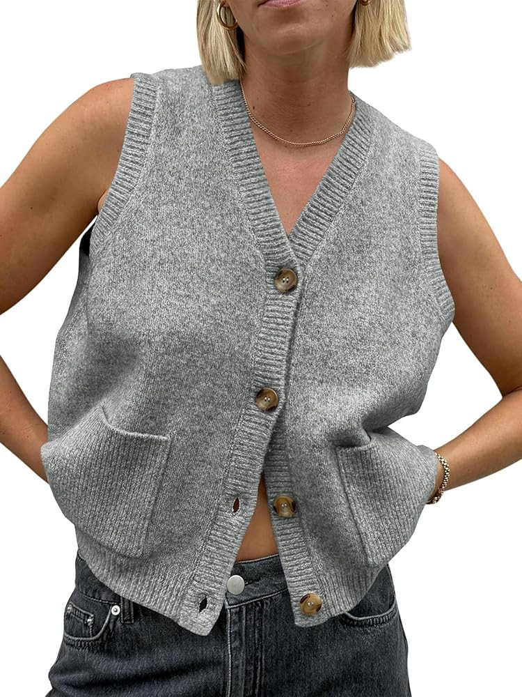 Saodimallsu Womens Sleeveless Sweater Vest Button V Neck Knit Trendy Casual Summer Cardigan with ... | Amazon (US)