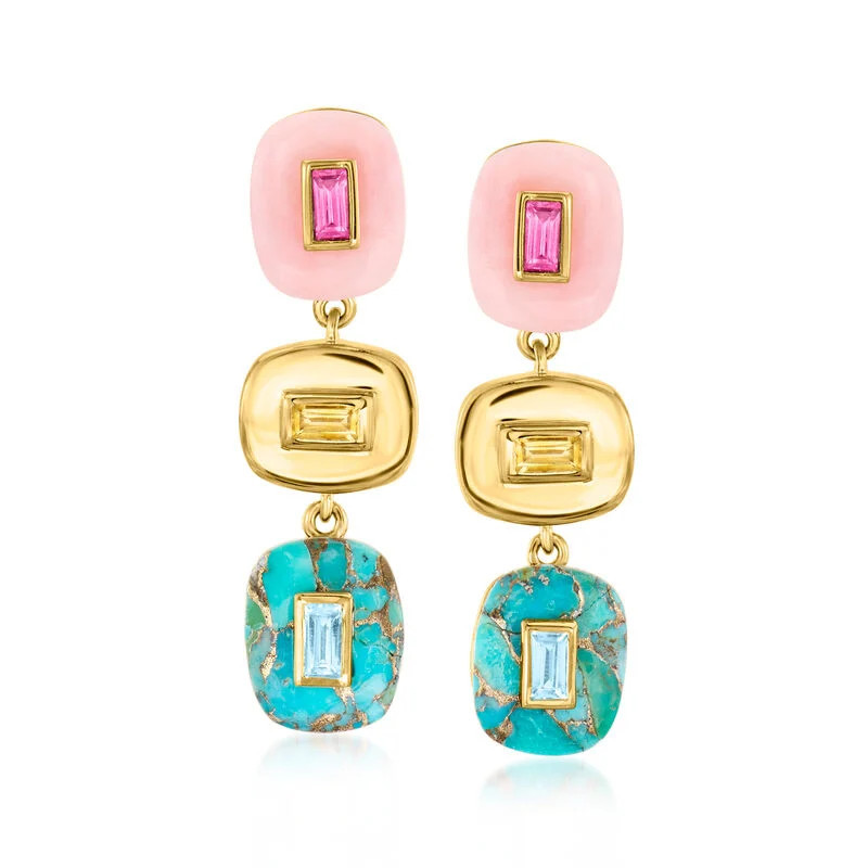 Pink Opal, Turquoise and .80 ct. t.w. Multi-Gemstone Overlay Drop Earrings in 18kt Gold Over Ster... | Ross-Simons