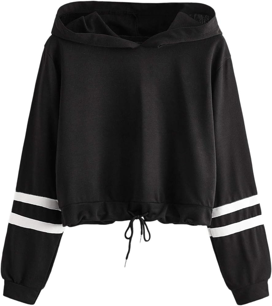 SweatyRocks Women's Graphic Printed Drawstring Hem Hoodies Striped Long Sleeve Crop Sweatshirt Ho... | Amazon (US)