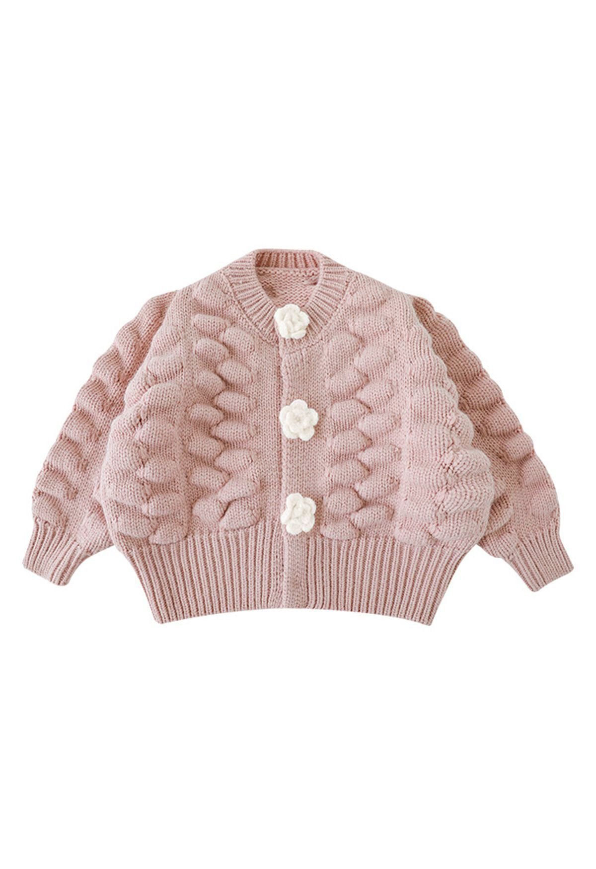 Kids Flowers Button Down Embossed Bubble Sleeves Cardigan in Pink | Chicwish