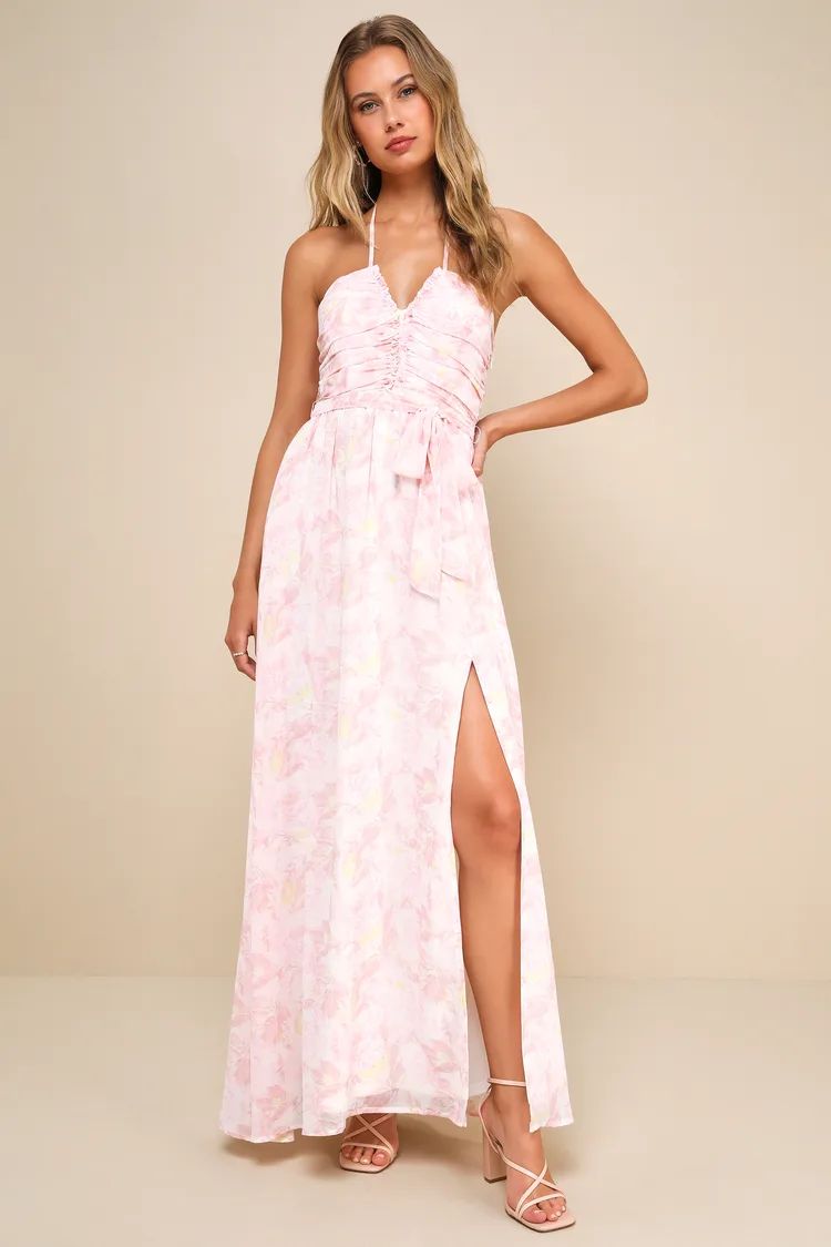 Light Pink Floral Ruched Halter Maxi Dress | Pink Maxi Dress | Pink Floral Dress | Lulus