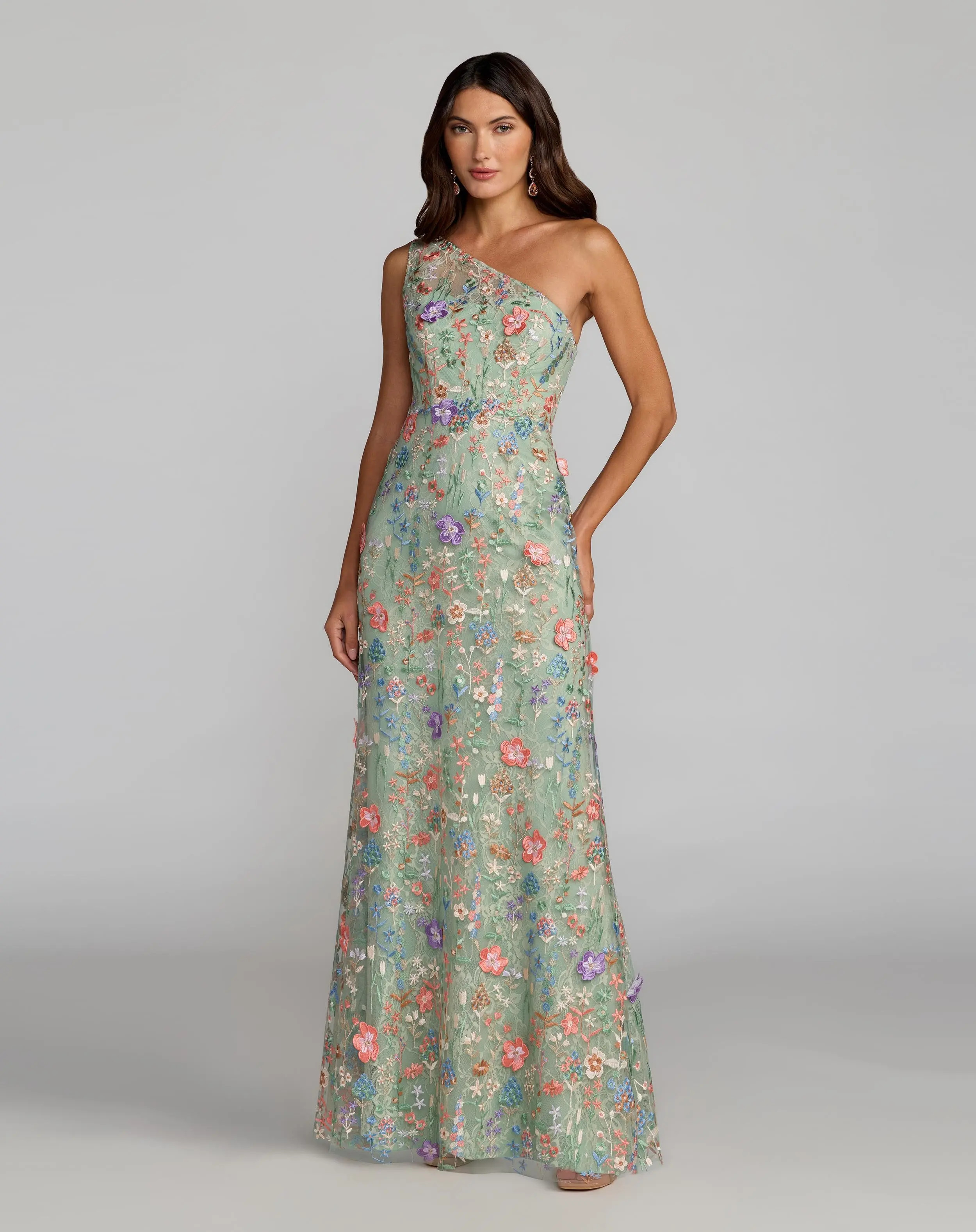 Green One Shoulder Floral Embroidered Gown | Mac Duggal | Mac Duggal