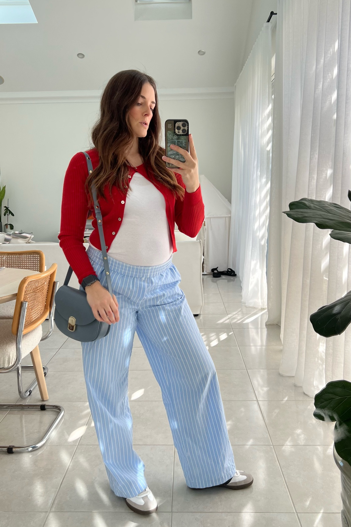 Another way to wear the red cardigan and blue pyjama style pants for a casual look. Add a white tank top and Samba sneakers to mix things up. Also I love this blue handbag!! 

#LTKstyletip #LTKmaternity #LTKaustralia