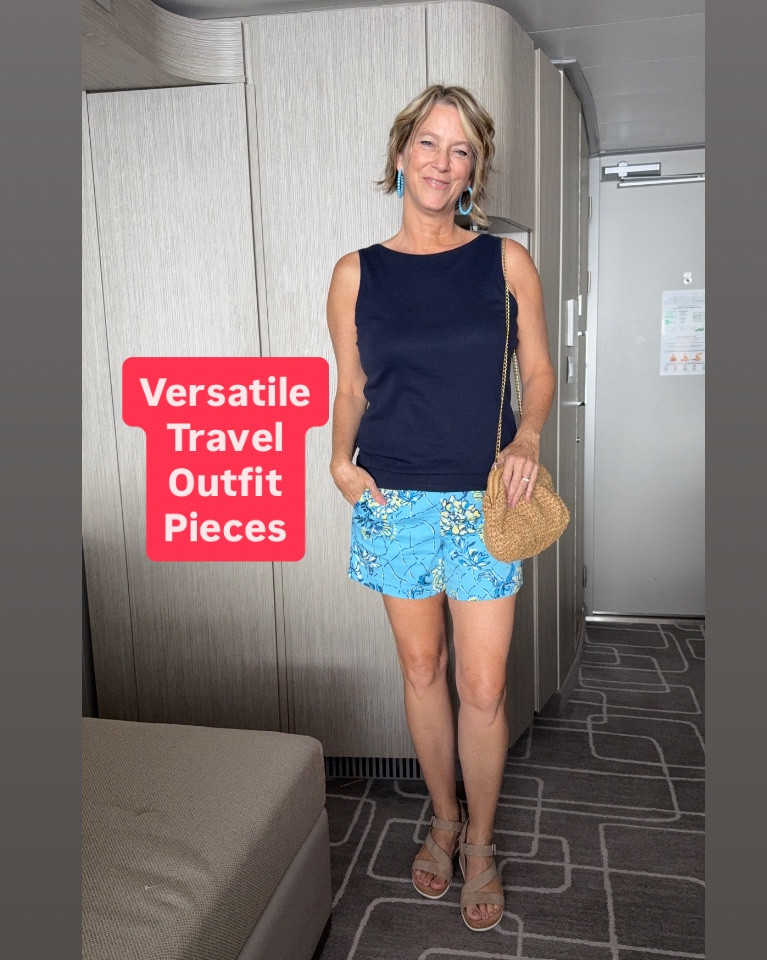 ✈️ Versatile Travel Outfit Tips:
1.patterned shorts rewear
2.solid colors can be mixed and matched with other vacation outfits
3.wedge sandals (2”) can be worn in other casual style as a woman over 50 or for a resort wear look.
#over40fashion #traveloutfit 

#LTKOver40 #LTKTravel