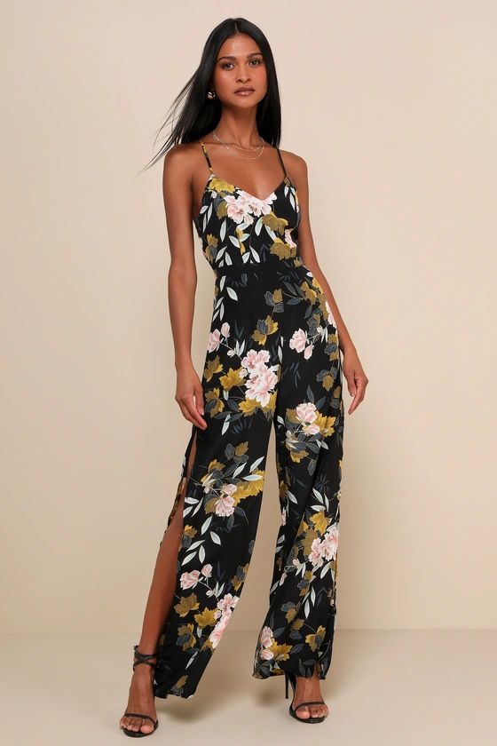 Beautiful Blooms Black Floral Print Wide-Leg Jumpsuit | Lulus