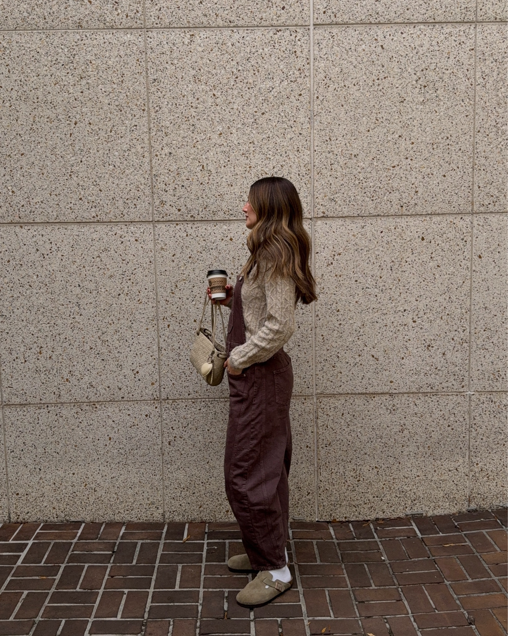 Small in cardi, xs in overalls (they run large). Loving this brown color for fall!