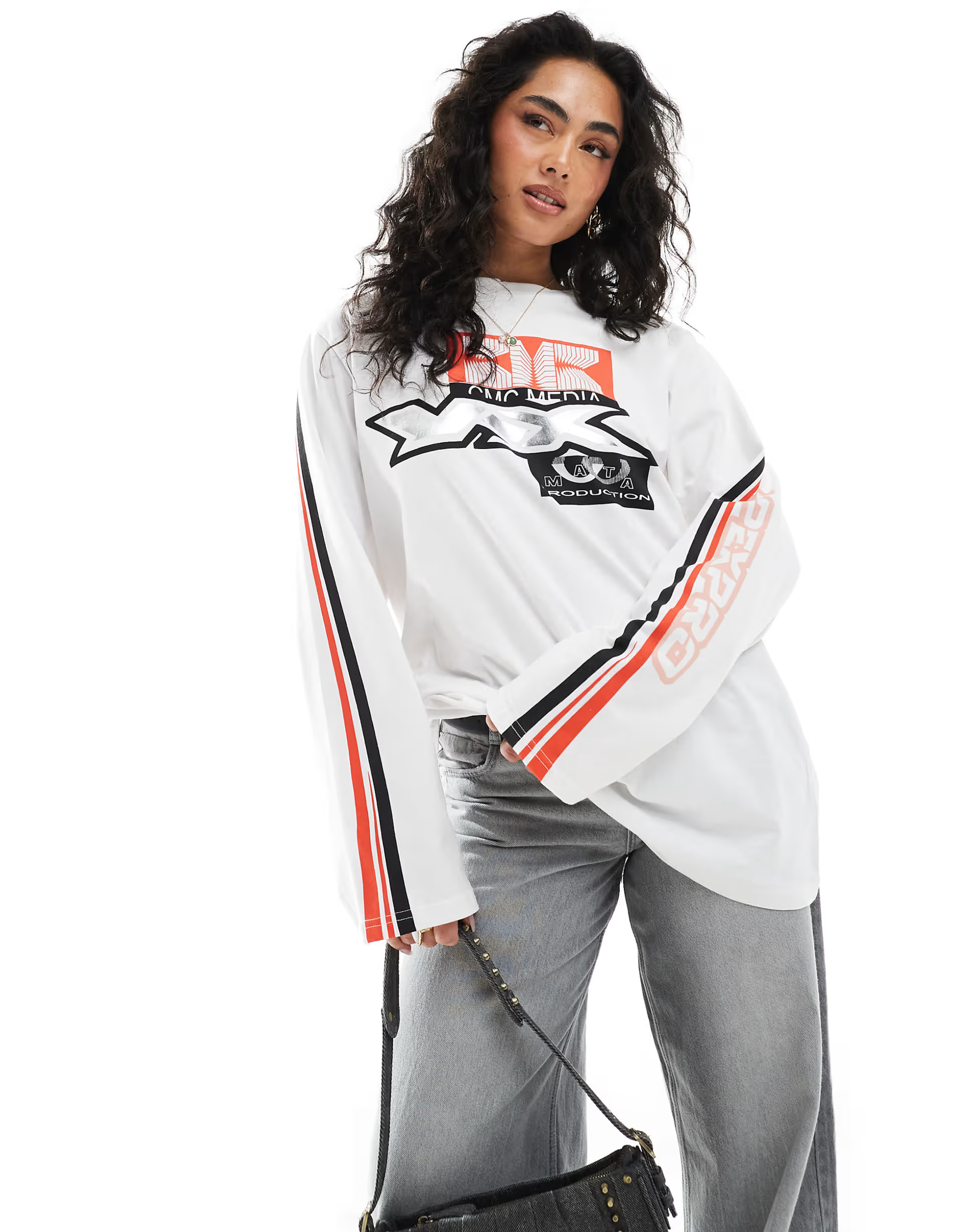 Monki oversized long sleeve top with motocross print in white | ASOS (Global)