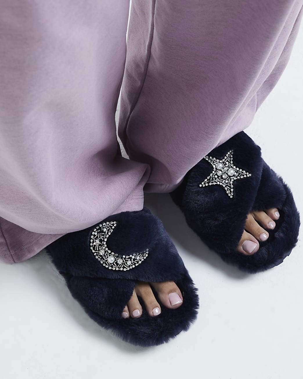 Navy Moon Star Strap Slippers | River Island UK & IE