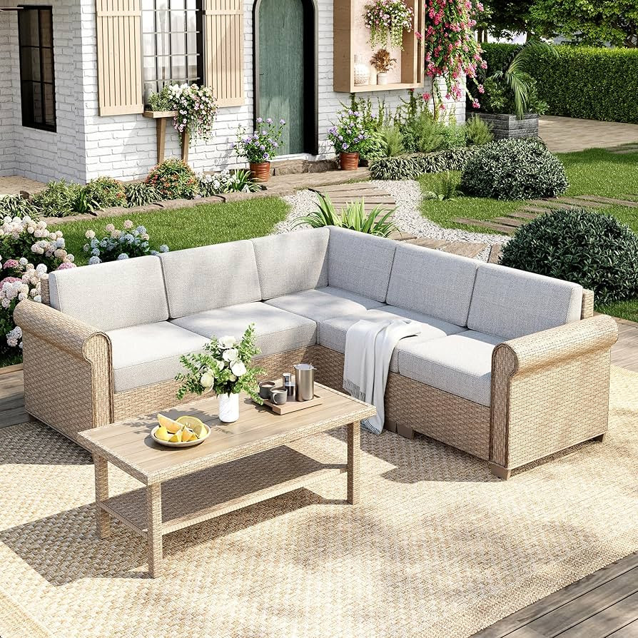 Patio Furniture Set, 6 Piece Outdoor Rattan Wicker Sectional Conversation Set with 5.5" Thick Wat... | Amazon (US)