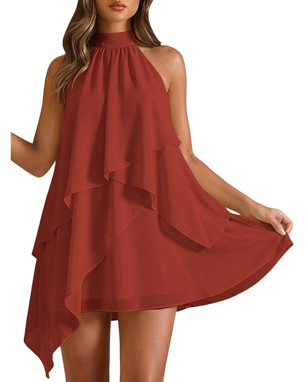 BEAUDRM Women's Ruffle Wedding Guest Dresses Summer Halter Cocktail Dresses | Mini Dress, Backles... | Amazon (US)