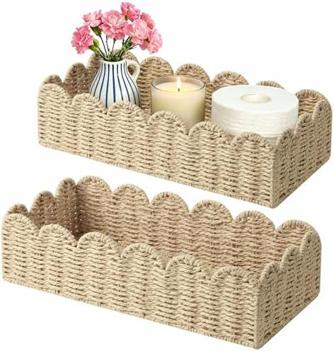2 Pack Scalloped Wicker Shelf Baskets，Handwoven Paper Rope Basket Organizer for Toilet Tank & S... | Amazon (US)