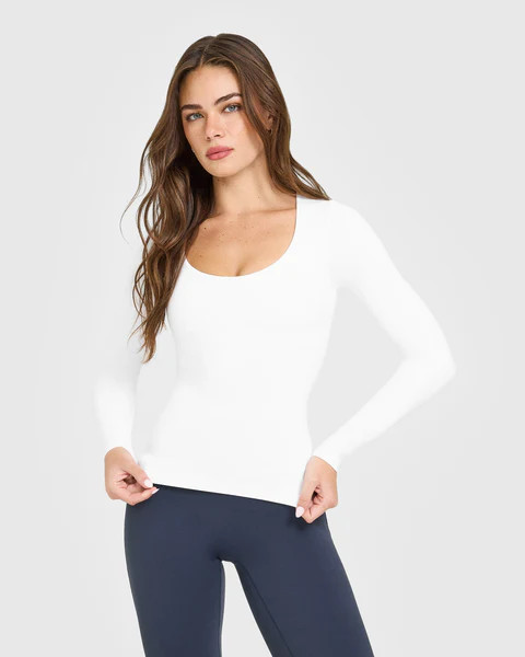 SoftMotion™ Scoop Neck Long Sleeve Top with Built in Bra Shelf 
 White | Oner Active (UK / US)