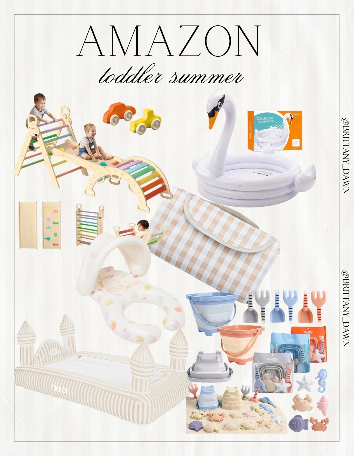 Get ready for the ultimate backyard fun with these adorable Amazon summer finds for toddlers! This chic inflatable swan pool and striped bounce castle are perfect for hot days in the sun. ☀️ 

I’ve also included the best wooden climbing sets, pastel sand toys, and a classic gingham picnic blanket for endless outdoor playtime. Keep your little ones entertained all season long!

#LTKkids #AmazonFinds #ToddlerLife #SummerFun #BackyardPlay #KidsActivities #AmazonFashion #OutdoorPlay #MomLife #SummerVibes #ToddlerStyle #BrittanyDawn

#LTKSeasonal #LTKKids #LTKBaby