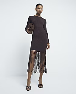 Brown Metallic Fringe Midi Dress | River Island (UK & IE)