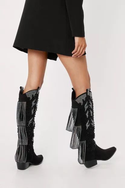 Studded Diamante Faux Suede Cowboy Boots | Nasty Gal (US)