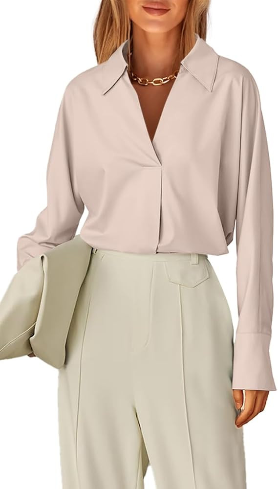 Prettywear 2024 Women's Long Sleeve Work Blouse Collared V Neck Office Business Shirts Dressy Cas... | Amazon (US)