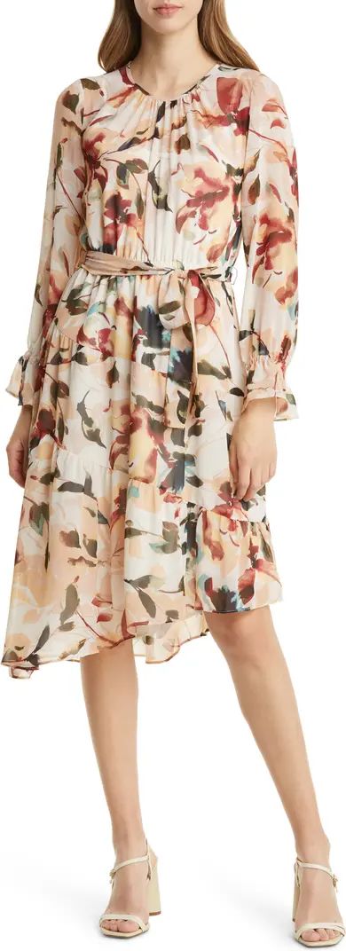 Floral Print Asymmetric Hem Long Sleeve Midi Dress | Nordstrom