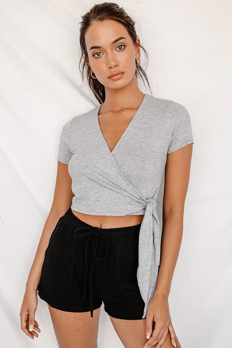 Try Me Out Heather Grey Ribbed Short Sleeve Wrap Top | Lulus (US)