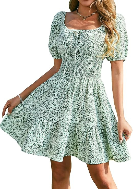 Floerns Women's Boho Square Neck Puff Short Sleeve Self Tie Front A Line Dress | Amazon (US)