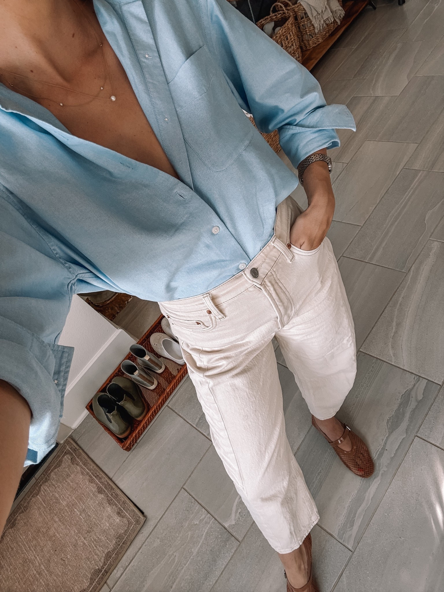 Size 28 in jeans, could’ve done a 27. M in shirt/TTS. Shoes TTS