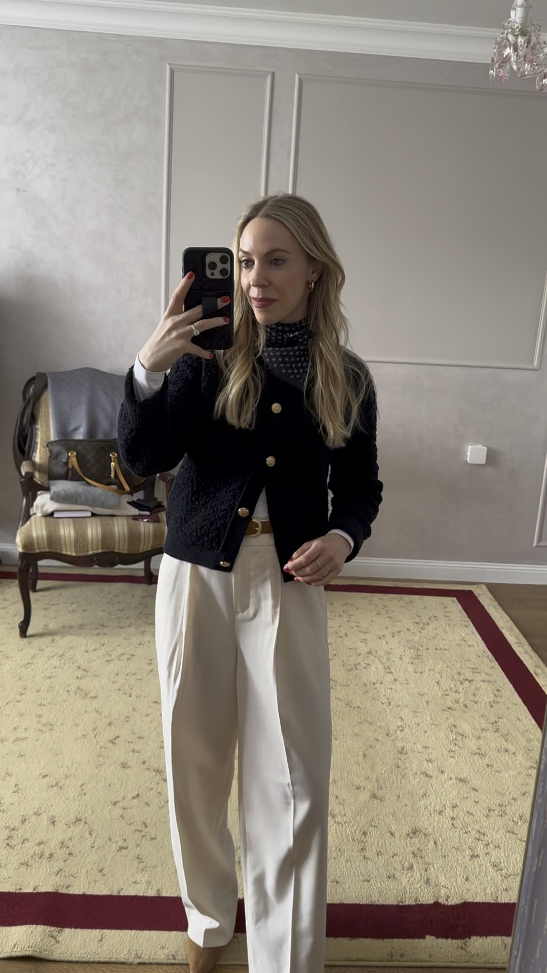 Work wear outfit, navy blue gold button cardigan, Celine silk scarf, cream wide leg pants, spring office look 

#LTKWorkwear #LTKWatchNow #LTKFindsUnder50