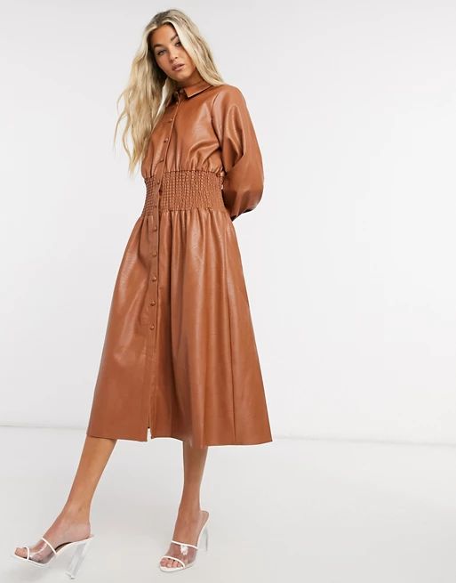 ASOS DESIGN leather look midi shirt dress with shirred waist in brown | ASOS (Global)
